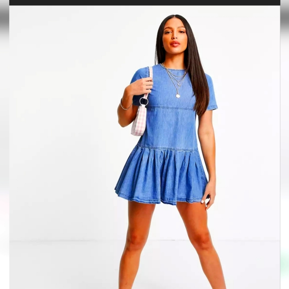 Asos Design Tall soft denim smock t-shirt dress in midwash